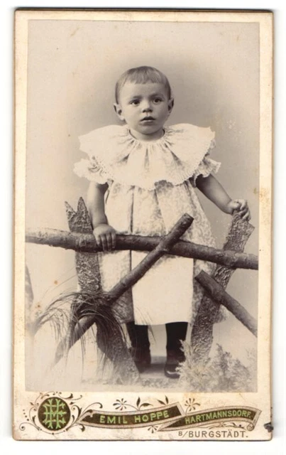 Fotografie Emil Hoppe, Hartmannsdorf, Kleines Kind im Kleid am Holzzaun