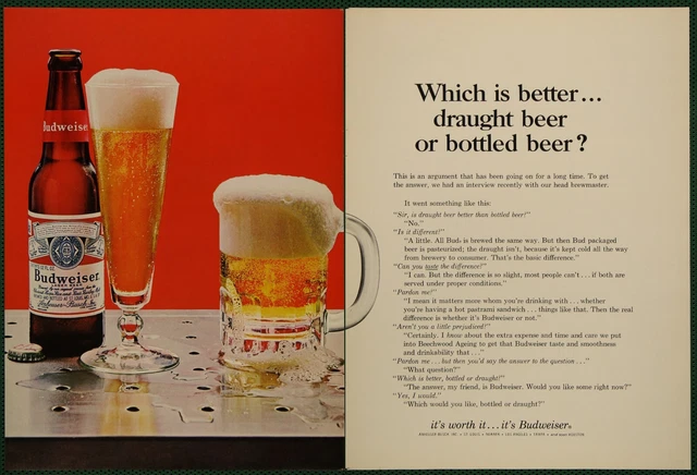 Budweiser Bottled or Draught Beer Glass Mug Vintage Print Ad 1966