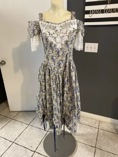 Victorian Vintage Floral Southern Belle Dress Reenactment Theater Costume S Blue