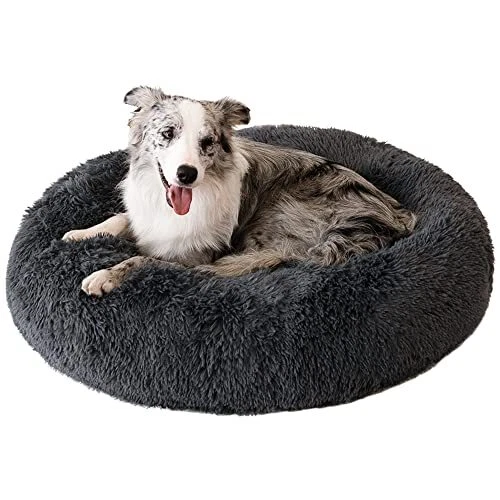 30” Calming Dog Bed Fluffy Plush Round Donut Dog Beds for Dogs Anti Large Gray