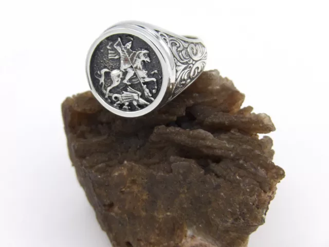 Oidized.925 Sterling Silver Russian Orthodox Ring "St. George The Concueror"-s14