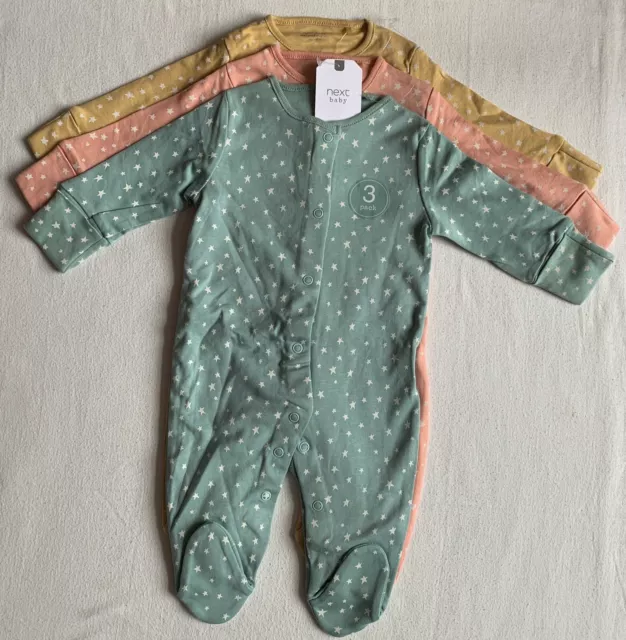 BNWT Baby Girls Stars Pink Green Yellow 3pk Sleepsuits size 0-3 months