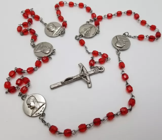 Pope John Paul II Rosary Red Bead Silver Tone Crucifix Immaculate Conception