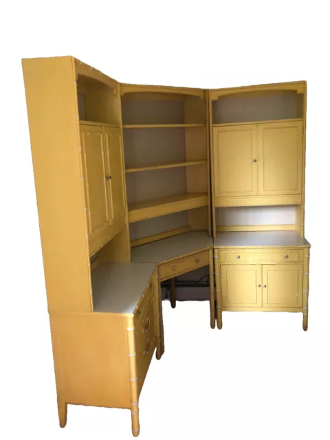 Vintage Set Thomasville Yellow Bamboo Drawers, Cabinet Hutch & Corner Desk Shelf Vintage Set Thomasville Yellow Bamboo Drawers, Cabinet Hutch & Corner Desk Shelf