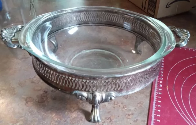 Antique FB Rogers Silver Co Plated Covered Pyrex Bowl 9 inch
