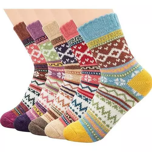 5 Pairs Thermal Wool Womens Socks Warm Winter Knitting Ladies Home Vintage Xmas