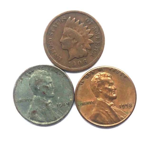 Indian Head Penny, 1943 Steel Wheat Penny, Lincoln Wheat Cent - 3 coin lot