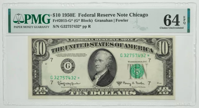 1950 E Series $10 Ten Dollar FRN Fr #2015-G* Granahan/Fowler PMG Graded 64 EPQ