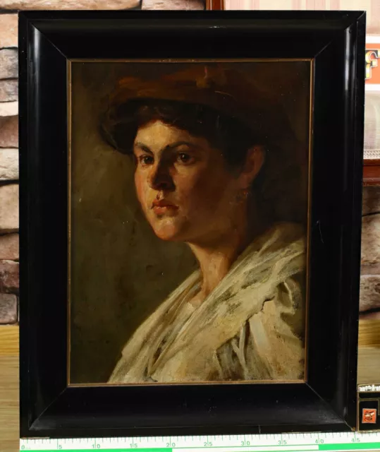 Pintura Al Óleo Antiguo Um 1900 Retrato Mujer Chica Sombrero Traje Viena