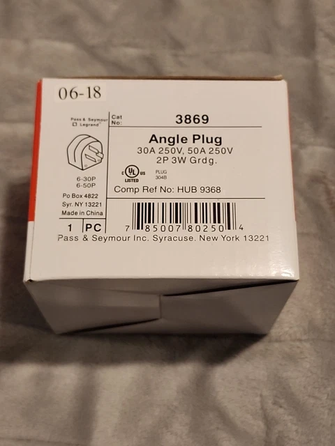 Pass & Seymour 3869 30A/50A 250V 2 Pole 3 Wire Grounding Angle Plug New in Box