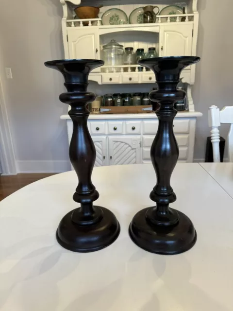 Pottery Barn XL Turned Dark Wood Pillar Candle Holders 16” X 6 1/2”