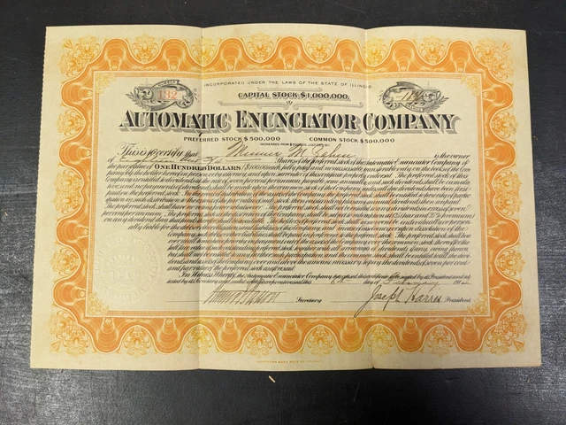 1914 Automatic Enunciator Co. (Illinois) Preferred Stock Certificate~18 3/4 Shrs