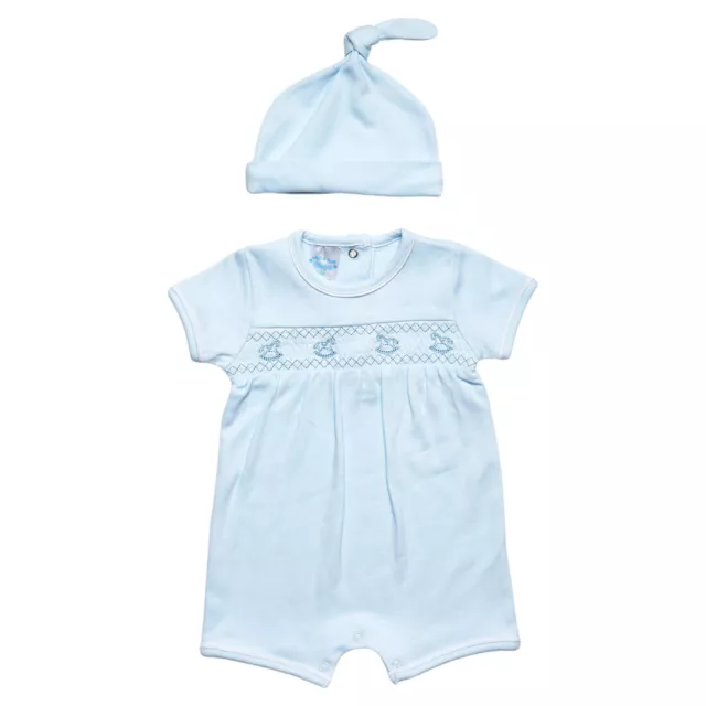 Just Too Cute Baby Boy Blue Smocked Spanish Style Romper & Hat Set 0-3 Months