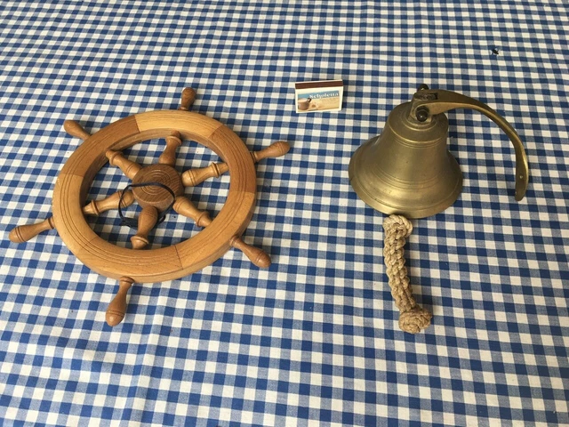 BRONZE GLOCKE Ø 12cm & STEUERRAD Schiffsglocke Messing Klingel Boot Maritim