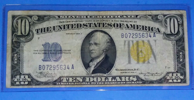 1934 A $10 North Africa! Ww Ii, Yellow Seal! Vf. Circ.! Old Us Currency! Nice!