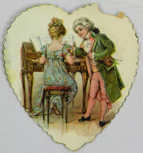 Young Girl at the Piano Playing for Young Boy in Wig - Vintage Valentines Card