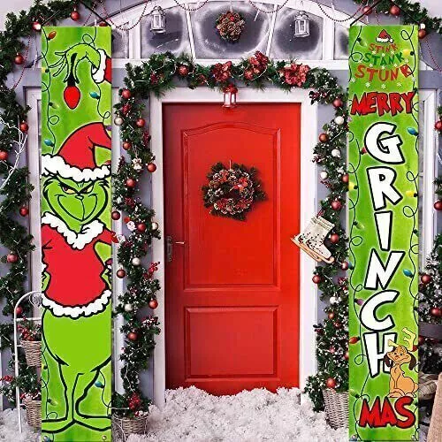 Grinch Christmas Decorations Grinchmas Porch Sign Door Banner Hanger Merry xmas