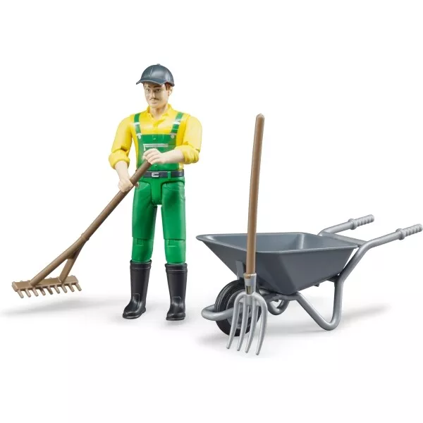 BRUDER 62610 Figurenset Landwirt mit Zubehör Spielfigur Schubkarre Gabel Rechen