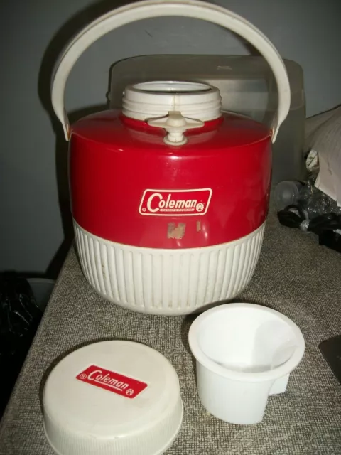 Vintage Coleman 1 Gallon Red Steel Belted Water Cooler Jug With Cup & Top Spout