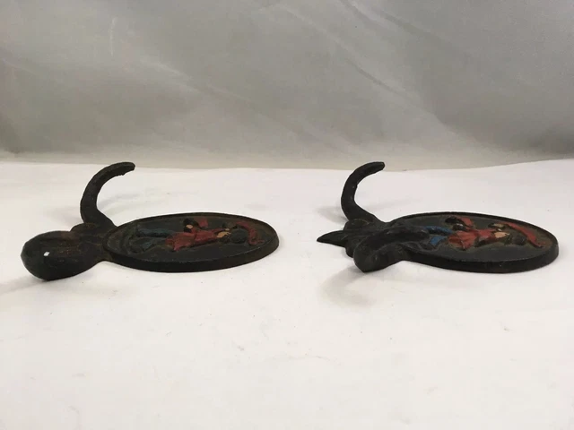 Cast Iron Wall Coat Hooks Top Hat Man Blowing Horn Figure Vintage Set of 2 3
