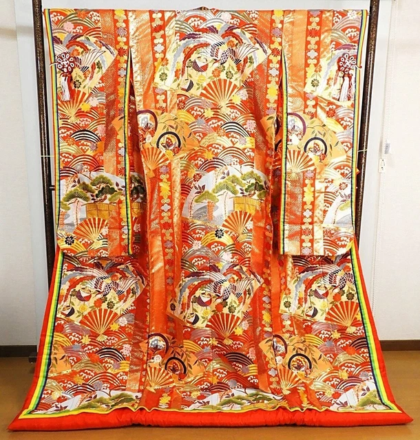 Japanese Kimono Uchikake Luxurious Wedding Embroidery Pure Silk Orange K486