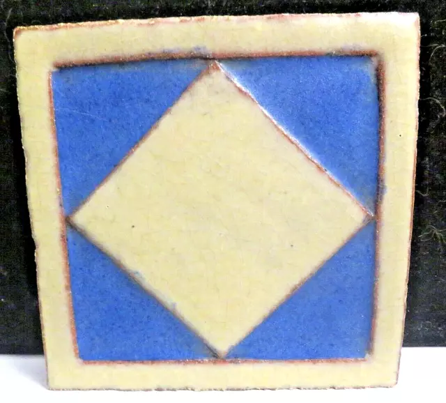 Vintage Grueby Pottery Early 1900s 4" by 4" Geometric White Diamond on Blue Tile