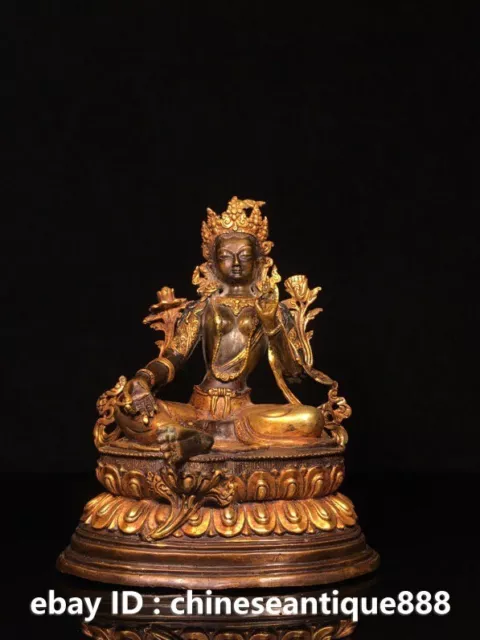 Old Tibet Bronze Gilt Green Tara Mahayana Buddhism Goddess Buddha Lotus Statue