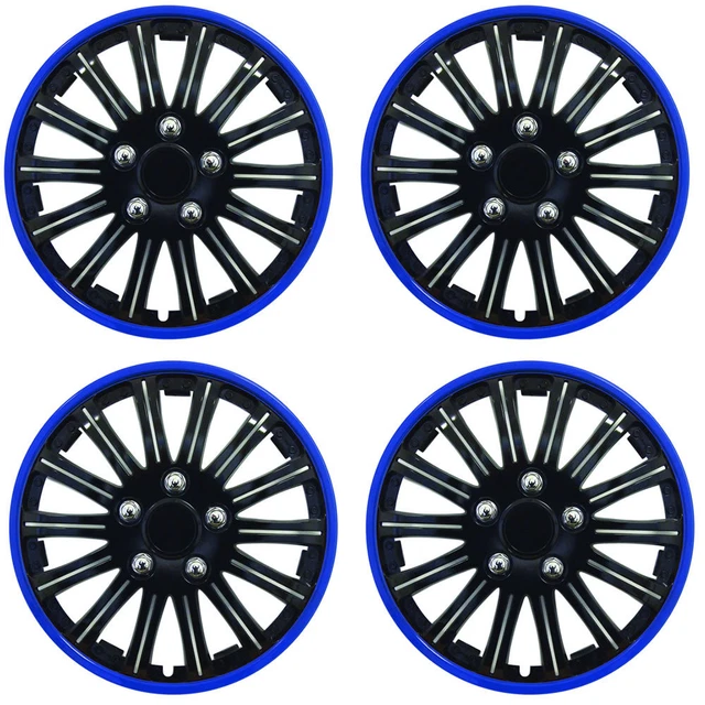 SET OF 4 x 14 INCH BLUE AND BLACK SPORTS WHEEL TRIMS COVER HUB CAPS 14"