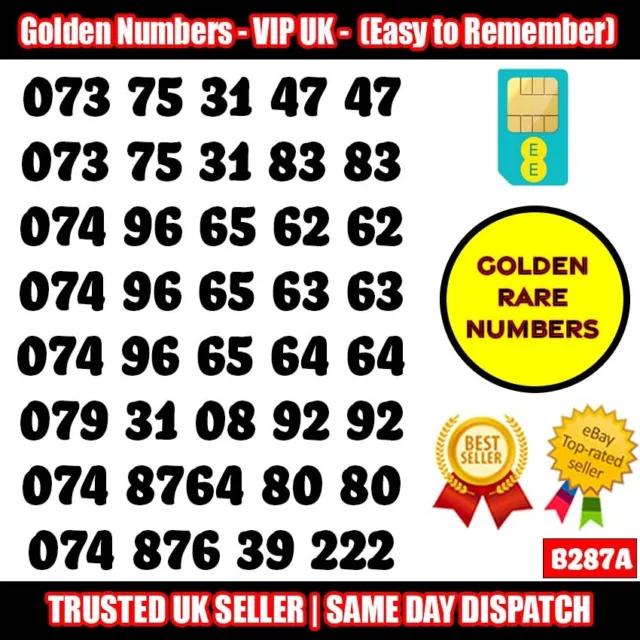 Golden Number VIP UK SIM Cards - Easy to Remember & Memorise Numbers LOT - B287A