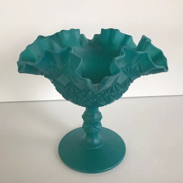 Vntg Fenton Turquoise Milk Glass Ruffled Pedestal Compote Candy Dish!