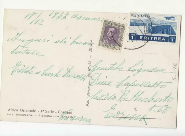 ASMARA 1937 cartolina SUONATORI ABISSINI+1 £.POSTA AEREA Eritrea+30c RE-H410