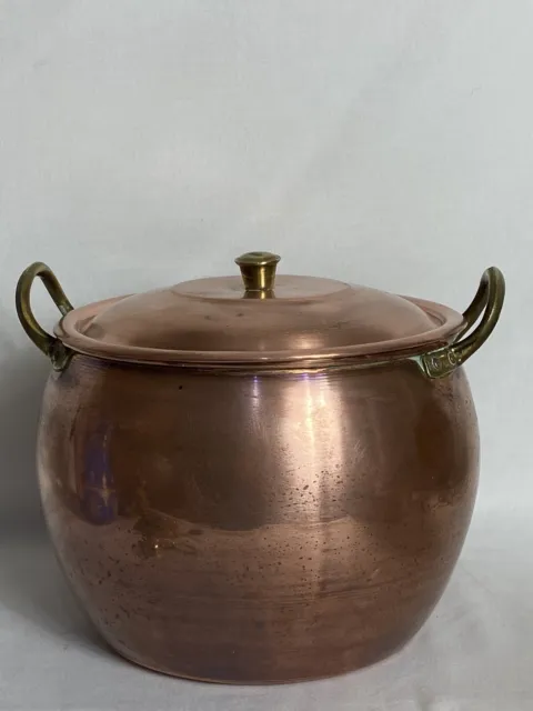 Vintage French Copper & Brass Pan.  Large Copper Lidded Pot. Copper Cauldron. GC