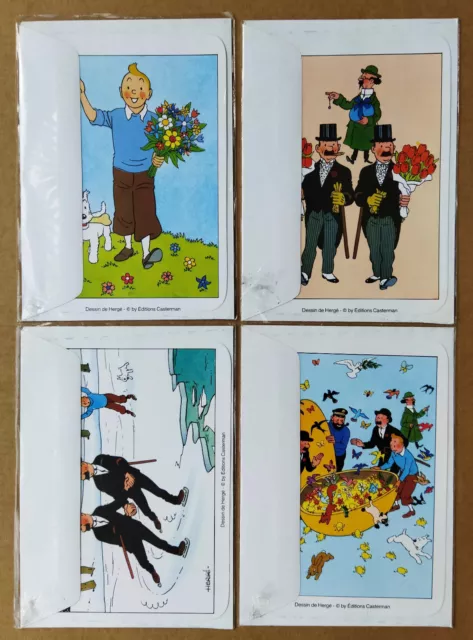 - Tintin. 4 Cartes Postales + Enveloppes. Voeux Bonne Année / Pâques - Neuf