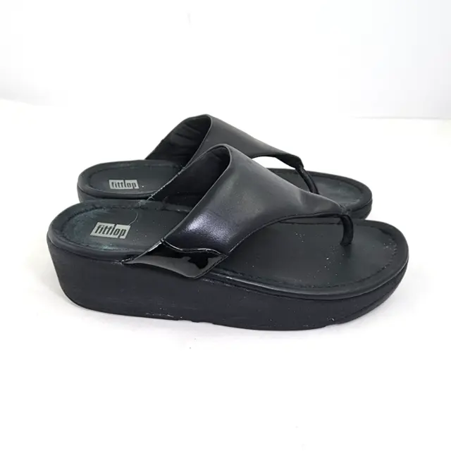 FitFlop Myla 7 Black Leather Toe Post Sandals/Wedges/Thongs Flip Flops Used