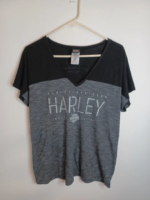 Harley Davidson T Shirt Womens L V Neck Daytona Beach Black Gray Shortsleeve