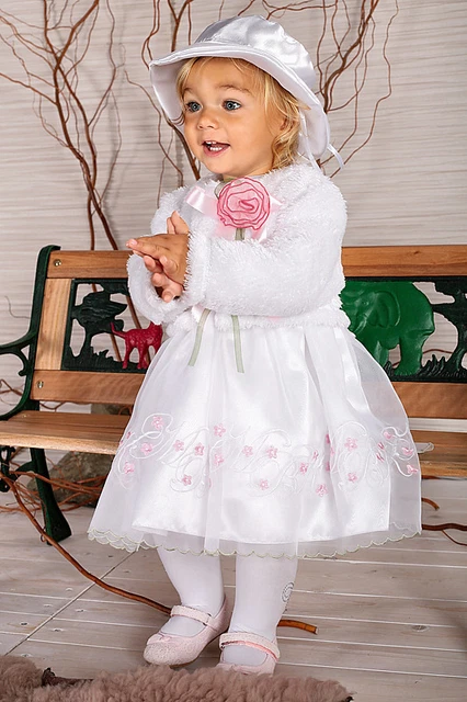 ABITO da battesimo bambina (3pz) vestito CERIMONIA bianco pellicciotto c 336