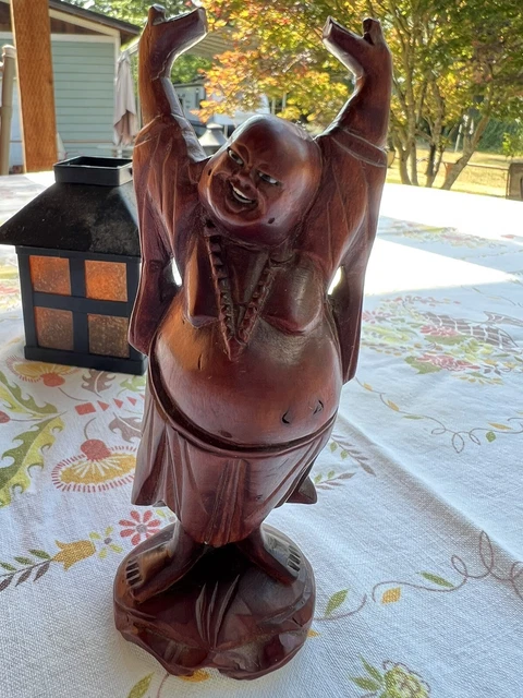 Vintage Wood Carving - Wooden Happy Laugh Laughing Buddha Statue
