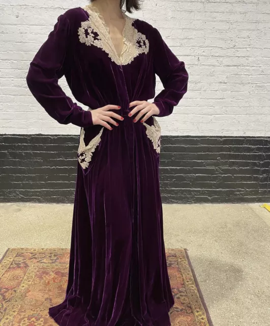 1930S 1940S SILK Velvet Plum Deep Plum Purple Gown with Lace dress Robe ...
