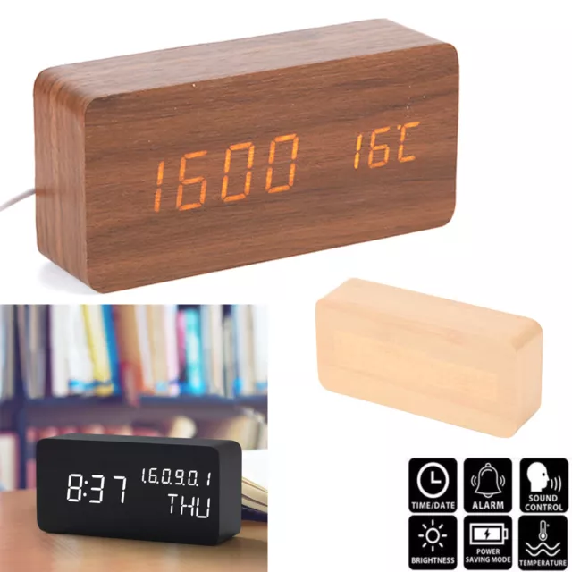 LED Holz Digital Wecker Tischuhr Temperatur Datum Snooze USB Alarm Clock Uhren 3