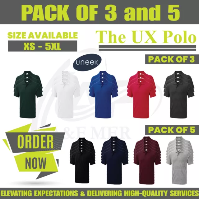 Pack 5 & 3 Uneek UX Polo Shirt Plain Short Sleeve Casual Poly Cotton Unisex UX1