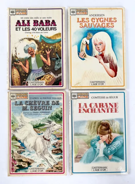 4 livres disque Casterman de 1970, Ali baba, La chèvre de Mr Seguin, Andersen...