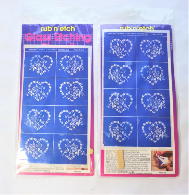 2 De Colección 1987 Armadura Rub 'n' Grabado Vidrio Grabado Plantillas Corazones y Flores Nuevo