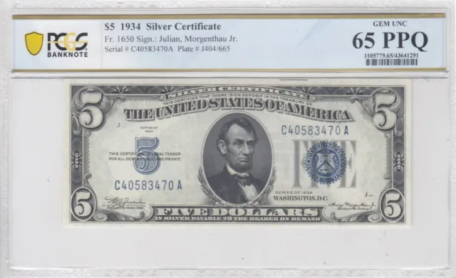 1934 $5 Silver Certificate Fr. 1650 PCGS Banknote Gem Unc 65 PPQ