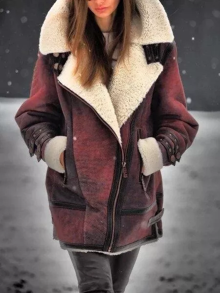 Womens Lapel Collar Fleece Lined Faux Suede Loose Outwear Winter Warm Midi Coat