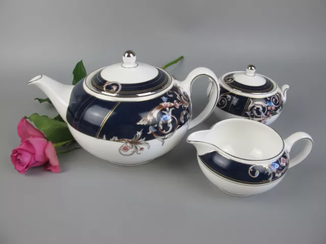 Wedgwood Renaissance Tea Set: Teapot - Sugar Bowl - Milk Jug Creamer. Blue china