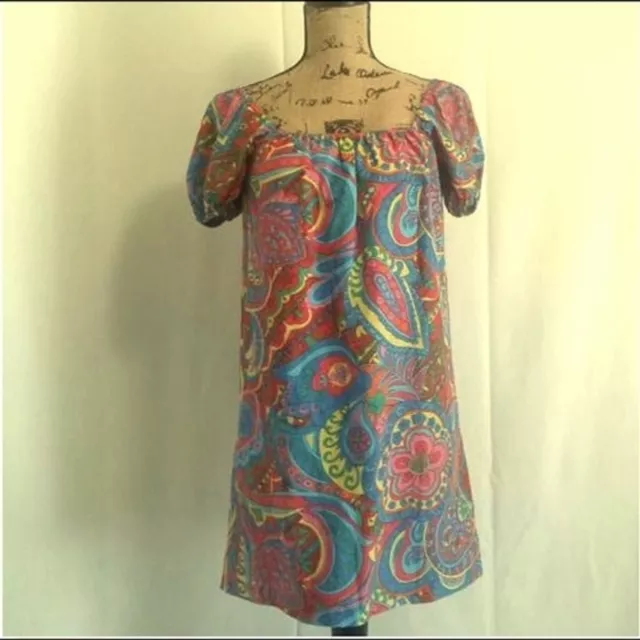 Tibi Shift Dress Multi Color Paisley Print Mini Off Shoulder Size 0 Lined