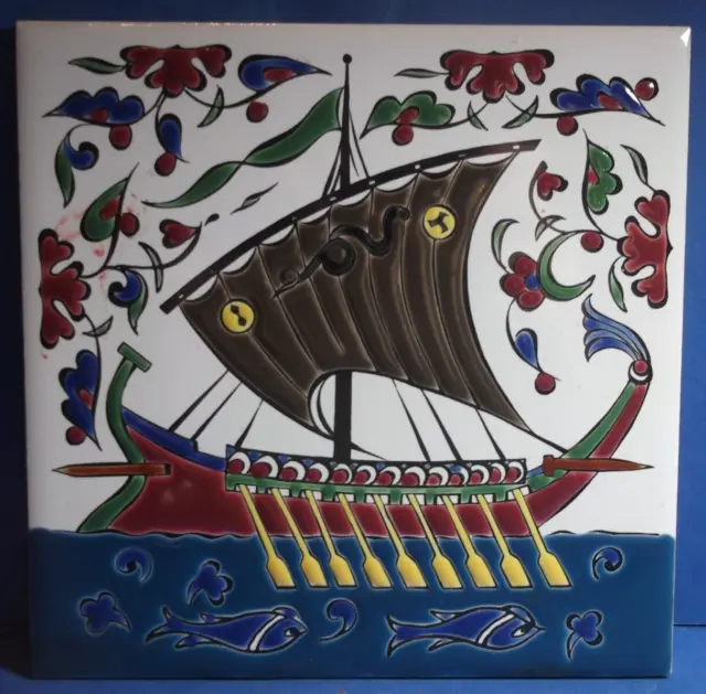 Vintage Ancient Greek Ship Trireme Tile Hand Made Nassos Keramik Paradissi-Rodos 2