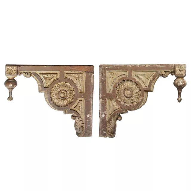 PAIR LARGE ANTIQUE Anglo Indian Painted Teak Porch Corbel Brackets c ...