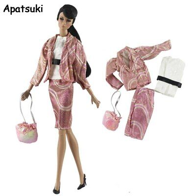 Pink Fashion Doll Clothes Set for 11.5" Doll Outfits Coat Shirt Skirt Purse 1/6
