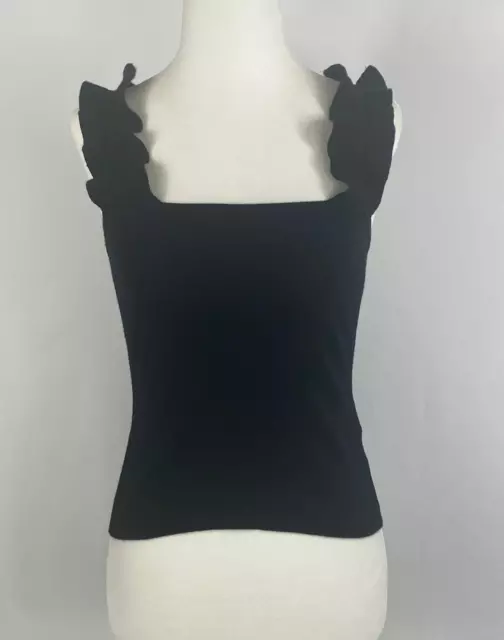 Mine Women's Black Ruffle Shoulder Knit Tank Top Square Neck Size S
